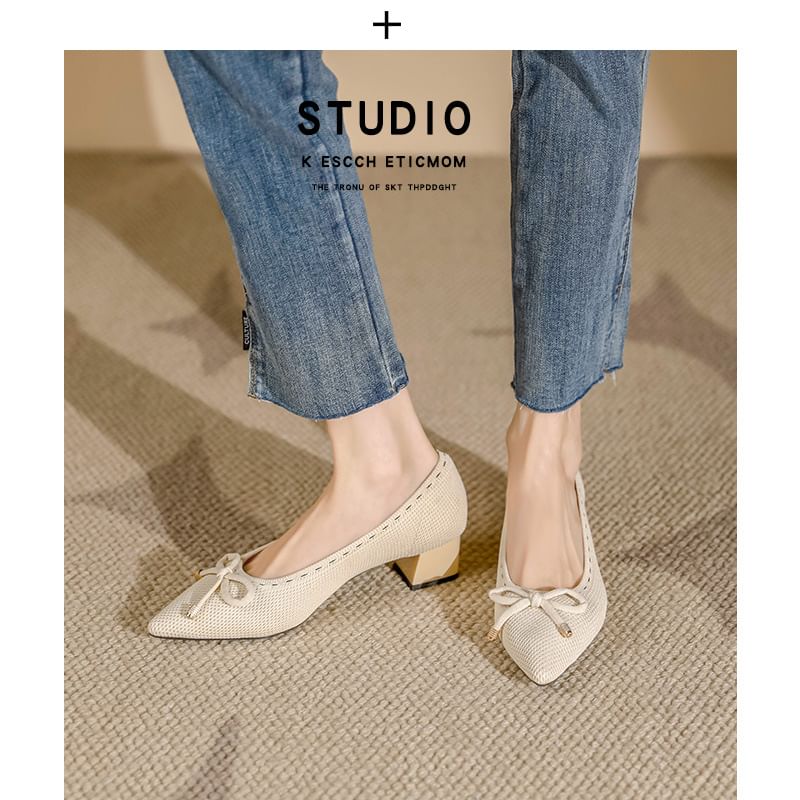 Fabric Heel Block Pointed Bow Pumps