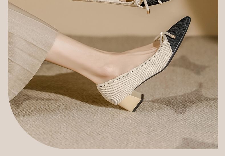 Bow Fabric Pointed Block Heel Pumps