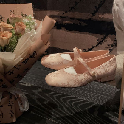 Fabric Mary Jane Flats Pearl Faux