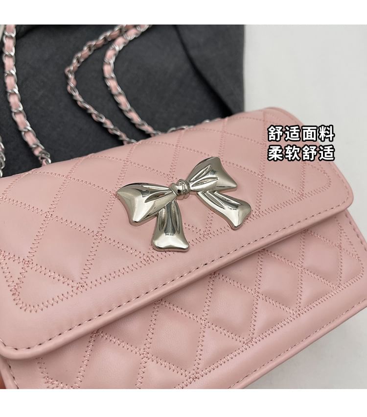 Chain Strap Bow Accent Quilted Faux Leather Flap Crossbody Bag