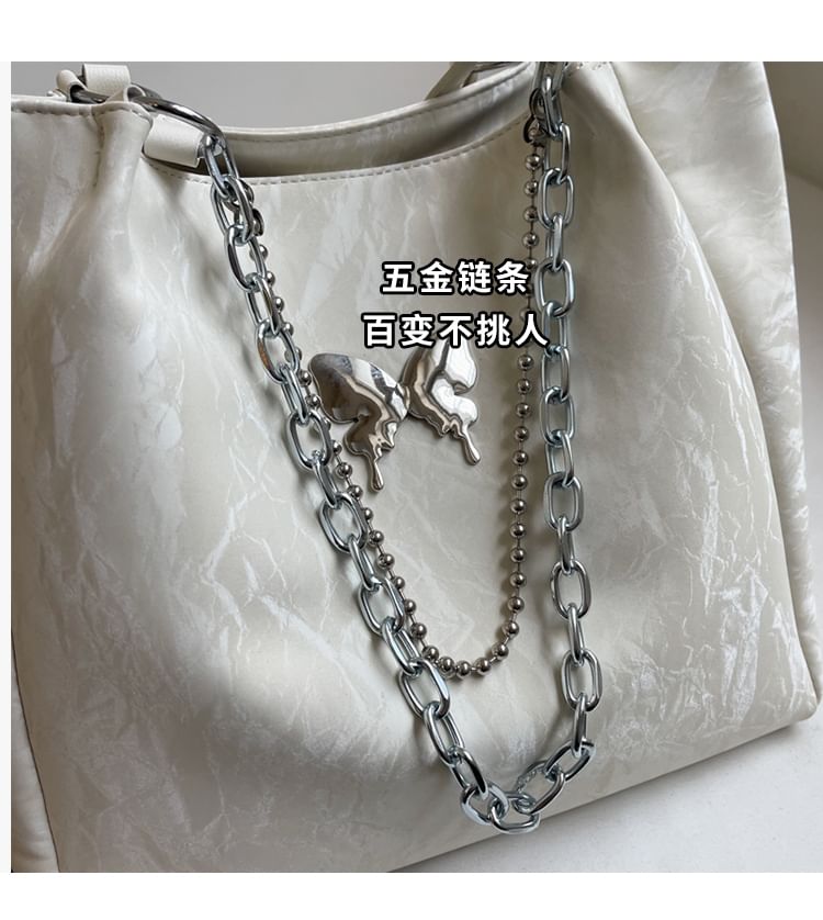 Butterfly Accent Chained Faux Leather Tote Bag