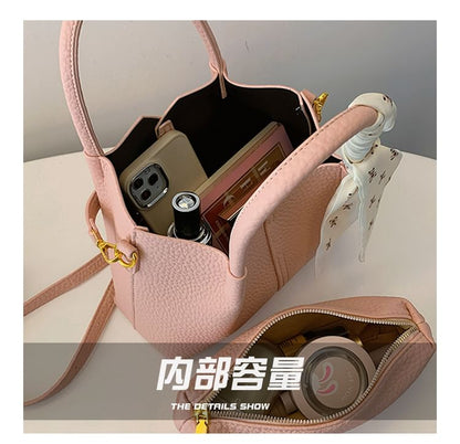 Set: Top Handle Plain Faux Leather Crossbody Bag + Scarf