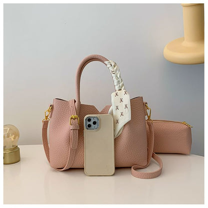 Set: Top Handle Plain Faux Leather Crossbody Bag + Scarf