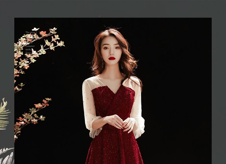 Long-Sleeve Two Tone Sequin Midi A-Line Evening Dress