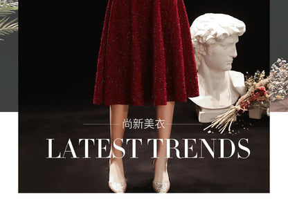 Long-Sleeve Two Tone Sequin Midi A-Line Evening Dress