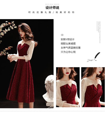 Long-Sleeve Two Tone Sequin Midi A-Line Evening Dress