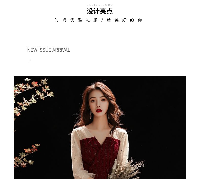 Long-Sleeve Two Tone Sequin Midi A-Line Evening Dress