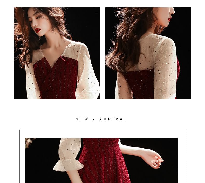 Long-Sleeve Two Tone Sequin Midi A-Line Evening Dress