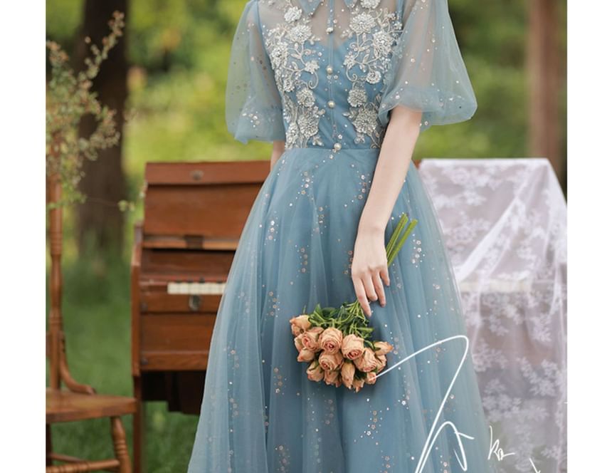 Sequin A-Line Evening Collar Short-Sleeve Gown