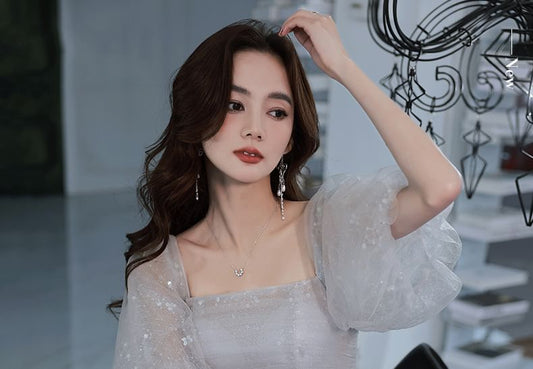Puff-Sleeve Sequin Mesh A-Line Evening Gown