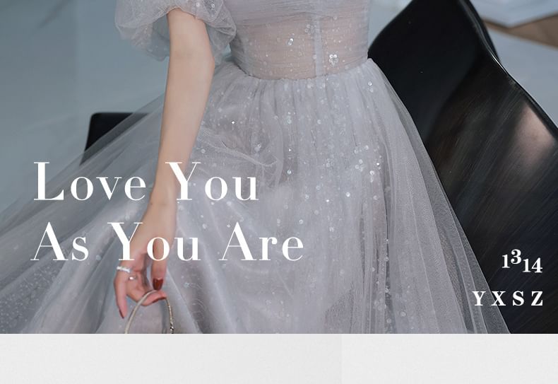 Puff-Sleeve Sequin Mesh A-Line Evening Gown