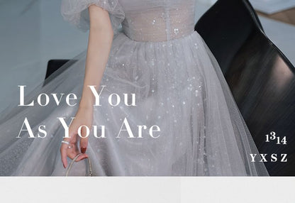 Puff-Sleeve Sequin Mesh A-Line Evening Gown
