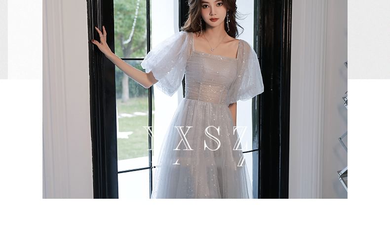 Puff-Sleeve Sequin Mesh A-Line Evening Gown