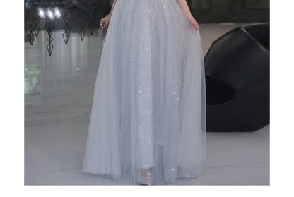 Puff-Sleeve Sequin Mesh A-Line Evening Gown