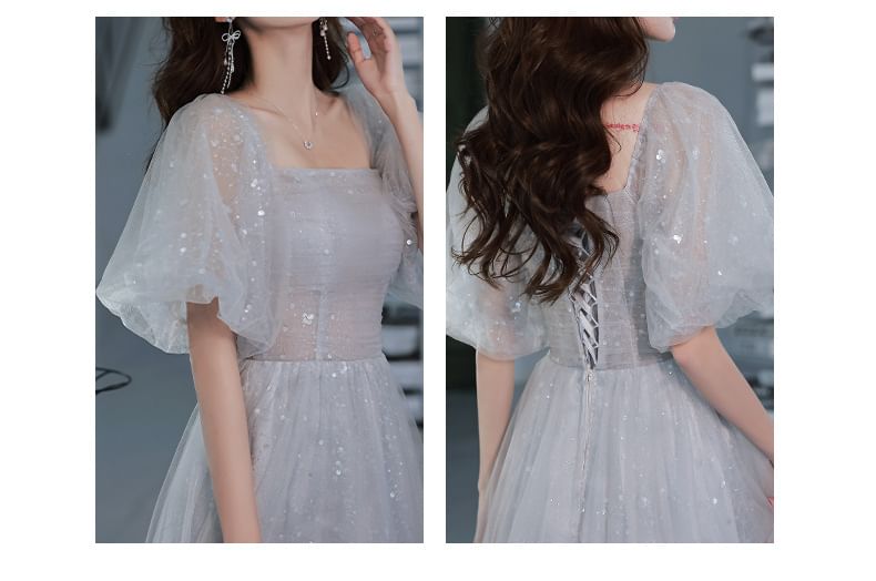 Puff-Sleeve Sequin Mesh A-Line Evening Gown