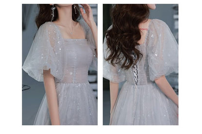 Puff-Sleeve Sequin Mesh A-Line Evening Gown