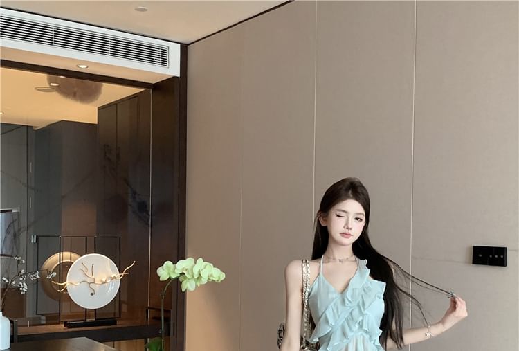 Halter-Neck Asymmetrical Tie-Dyed Ruffled Top