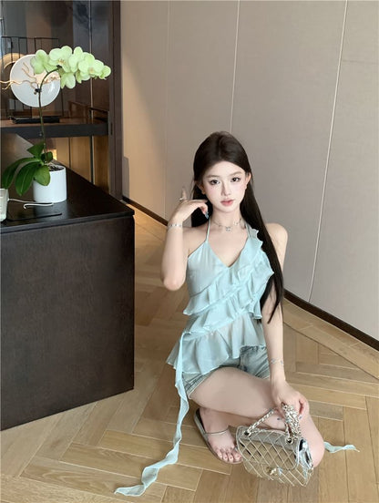 Halter-Neck Asymmetrical Tie-Dyed Ruffled Top