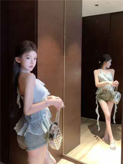 Halter-Neck Asymmetrical Tie-Dyed Ruffled Top