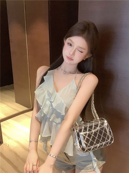 Halter-Neck Asymmetrical Tie-Dyed Ruffled Top