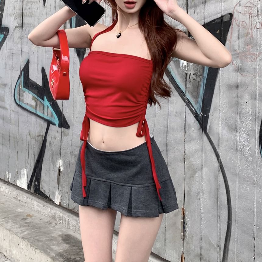 Halter Plain Drawstring Crop Top / Mid Waist Plain Pleated Mini A-Line Skirt