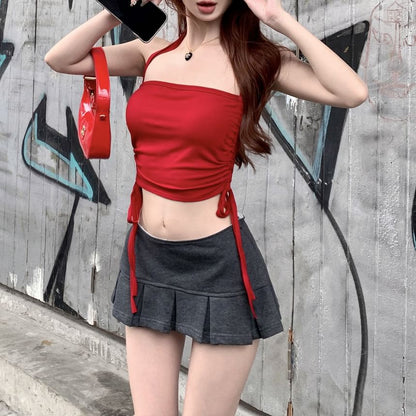 Halter Plain Drawstring Crop Top / Mid Waist Plain Pleated Mini A-Line Skirt