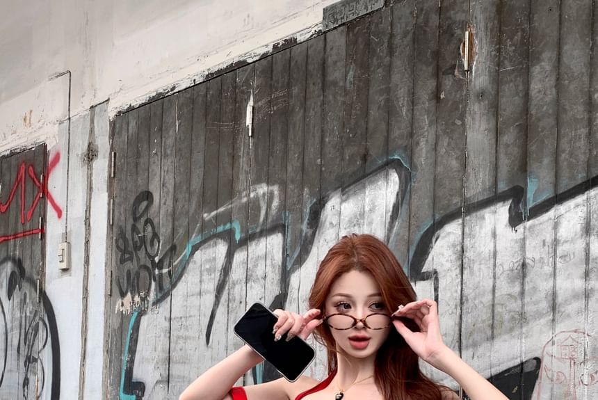 Halter Plain Drawstring Crop Top / Mid Waist Plain Pleated Mini A-Line Skirt