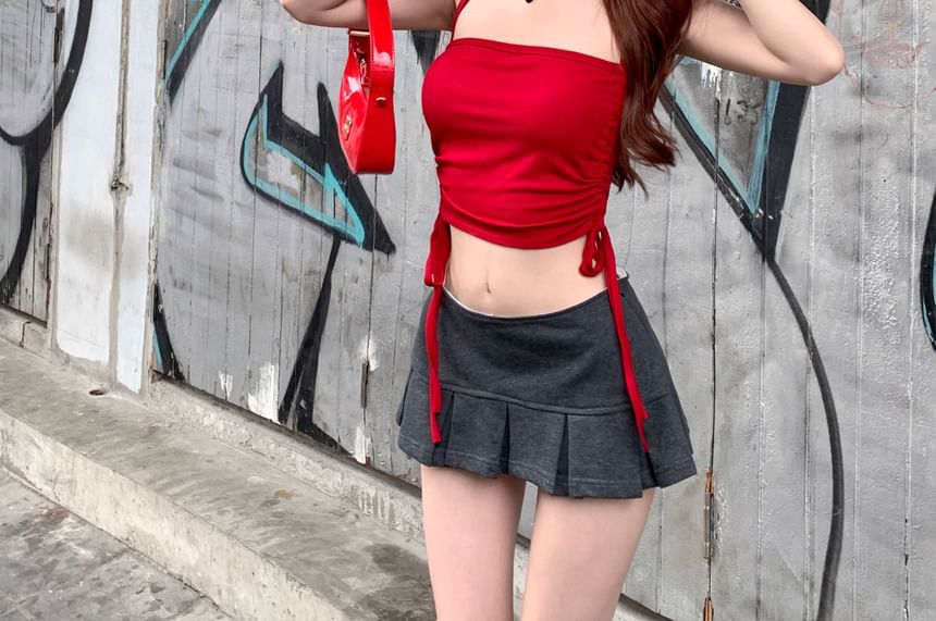 Halter Plain Drawstring Crop Top / Mid Waist Plain Pleated Mini A-Line Skirt