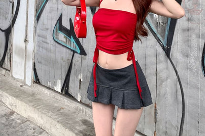 Halter Plain Drawstring Crop Top / Mid Waist Plain Pleated Mini A-Line Skirt