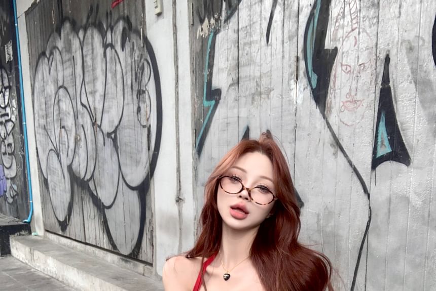 Halter Plain Drawstring Crop Top / Mid Waist Plain Pleated Mini A-Line Skirt