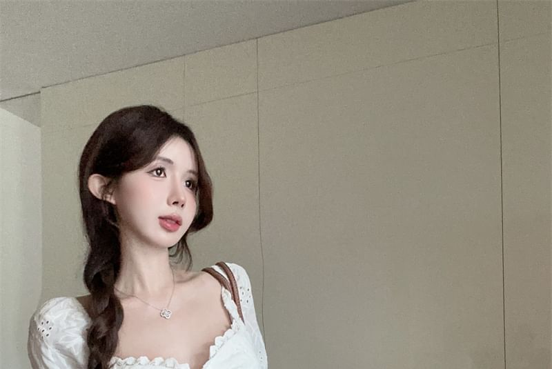 Short-Sleeve Square Neck Embroidered Eyelet Tie Front Blouse / High Rise Tiered Lace Mini A-Line Skirt