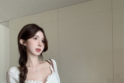 Short-Sleeve Square Neck Embroidered Eyelet Tie Front Blouse / High Rise Tiered Lace Mini A-Line Skirt