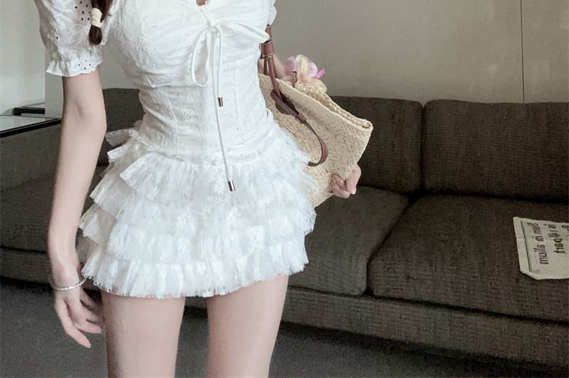 Short-Sleeve Square Neck Embroidered Eyelet Tie Front Blouse / High Rise Tiered Lace Mini A-Line Skirt