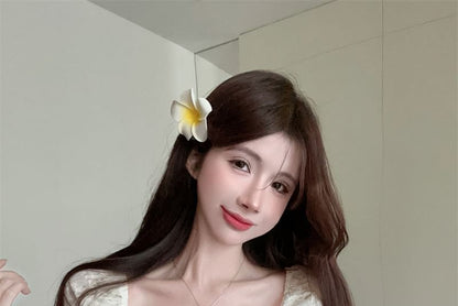 Short-Sleeve Square Neck Embroidered Eyelet Tie Front Blouse / High Rise Tiered Lace Mini A-Line Skirt