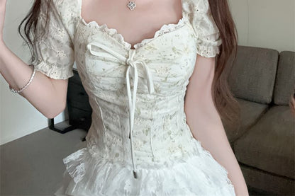 Short-Sleeve Square Neck Embroidered Eyelet Tie Front Blouse / High Rise Tiered Lace Mini A-Line Skirt
