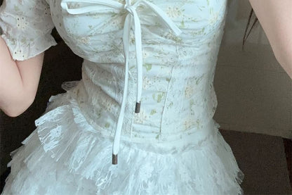 Short-Sleeve Square Neck Embroidered Eyelet Tie Front Blouse / High Rise Tiered Lace Mini A-Line Skirt