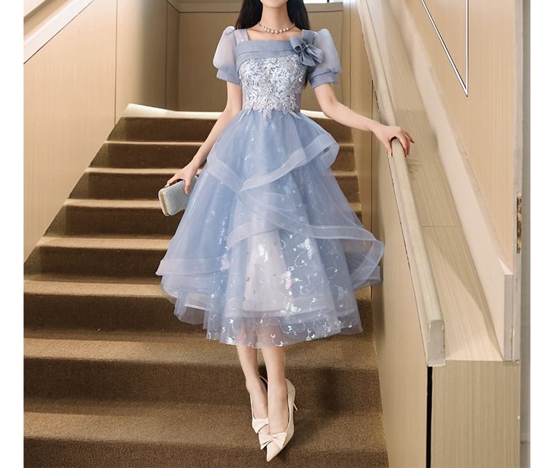 Puff Sleeve Square Neck Butterfly Print Floral Embroidered Mesh A-Line Evening Gown / Cocktail Dress