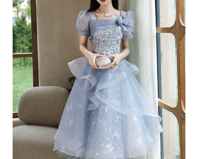 Puff Sleeve Square Neck Butterfly Print Floral Embroidered Mesh A-Line Evening Gown / Cocktail Dress