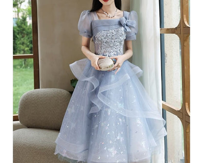 Puff Sleeve Square Neck Butterfly Print Floral Embroidered Mesh A-Line Evening Gown / Cocktail Dress