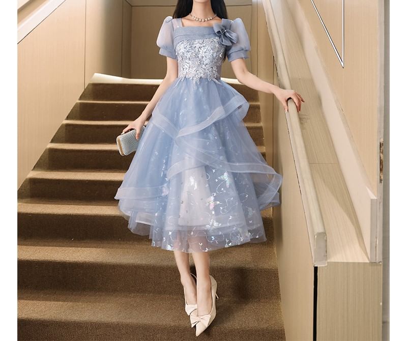 Puff Sleeve Square Neck Butterfly Print Floral Embroidered Mesh A-Line Evening Gown / Cocktail Dress