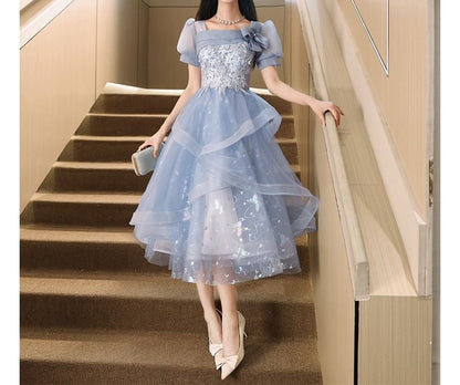 Puff Sleeve Square Neck Butterfly Print Floral Embroidered Mesh A-Line Evening Gown / Cocktail Dress