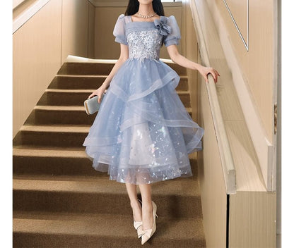 Puff Sleeve Square Neck Butterfly Print Floral Embroidered Mesh A-Line Evening Gown / Cocktail Dress
