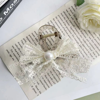 Faux Pearl Lace Bow Hair Claw