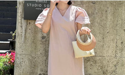 Short-Sleeve V-Neck Plain Midi A-Line Dress