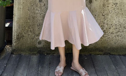 Short-Sleeve V-Neck Plain Midi A-Line Dress