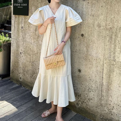 Short-Sleeve V-Neck Plain Midi A-Line Dress