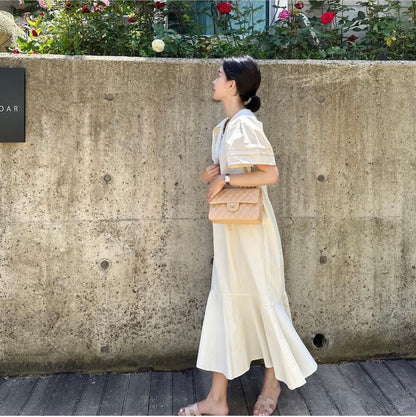 Short-Sleeve V-Neck Plain Midi A-Line Dress