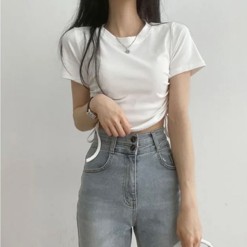 Short-Sleeve Round Neck Plain Drawstring Crop T-Shirt