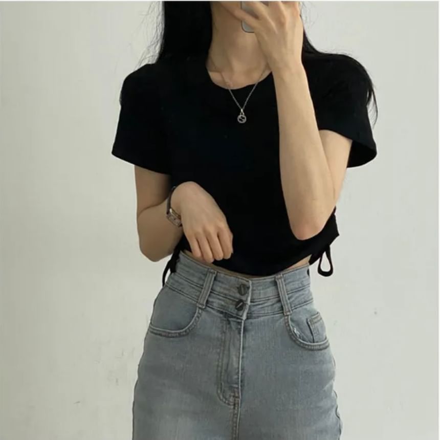 Short-Sleeve Round Neck Plain Drawstring Crop T-Shirt