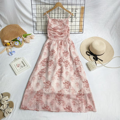 Midikleid in A-Linie mit Spaghettiträgern und Blumenmuster